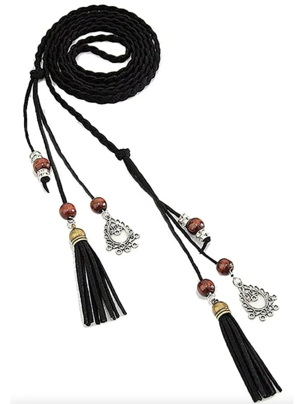 Black Braided Wrap-Around Waist Belt With Tassels & Metal Charms